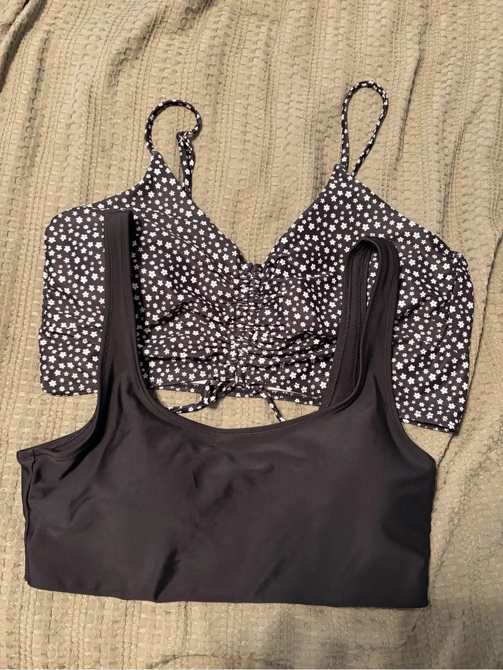 Black Floral & Solid Bikini Top Duo
